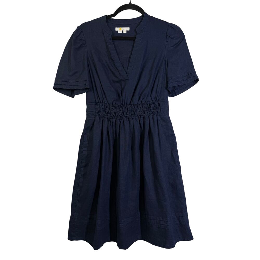 ANTHROPOLOGIE BODEN Dress 8 Linen VNeck Puff Sleeve Elastic Waist Pockets Navy - Picture 3 of 13